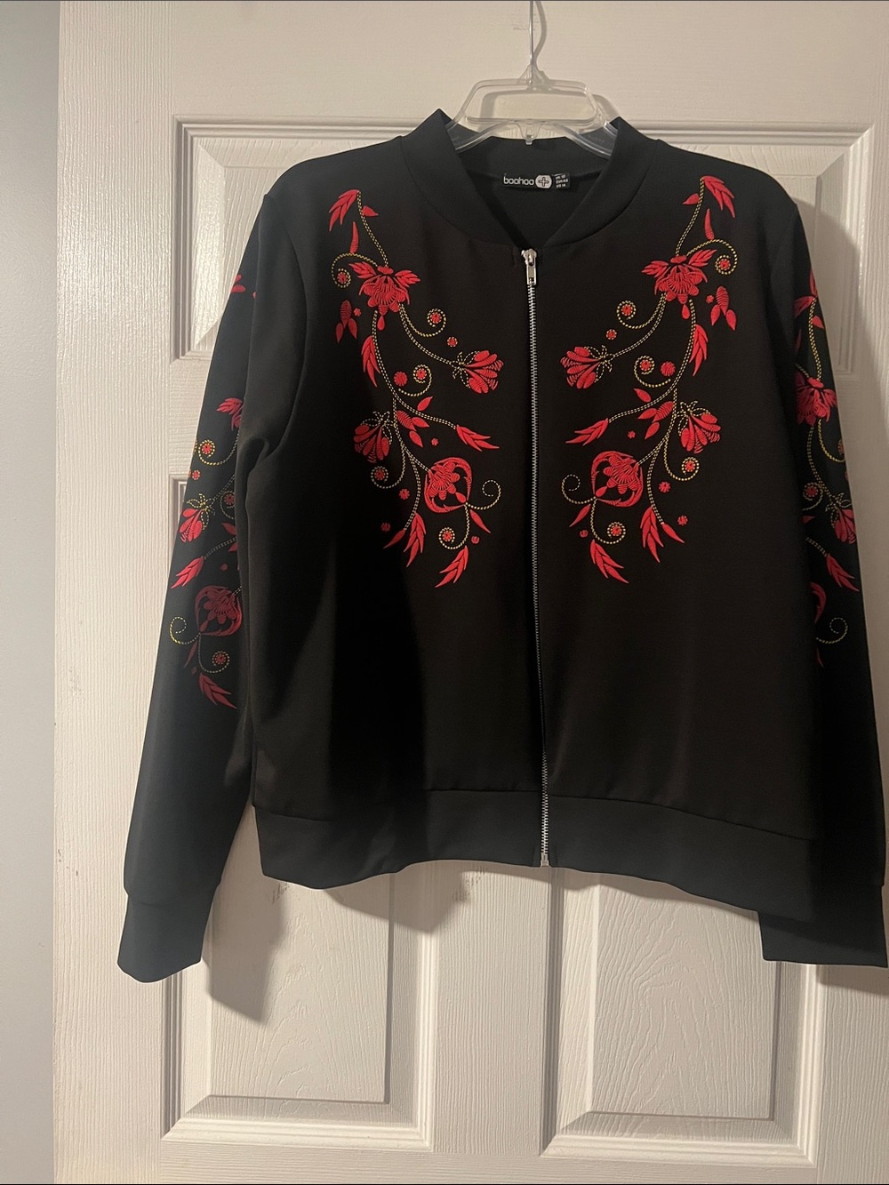 Boohoo Black Bomber Jacket with Red Floral Embroidery